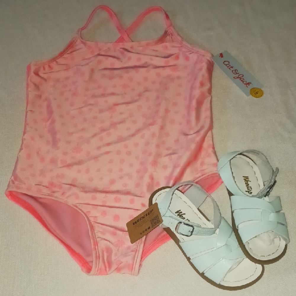 Pink Polka Dot Swimsuit and White Sandals Set